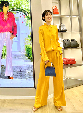 fiu购全球ines法式亮黄色御姐酒会衬衫 氛围感度假缎面阔腿裤套装