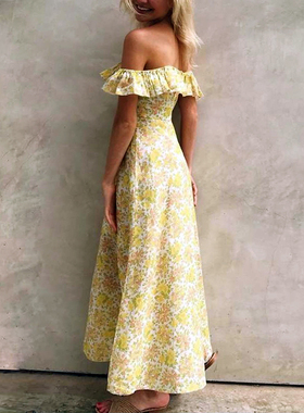 FIU购23年夏季方领飞飞袖公主裙 xs度假黄色棉麻仙女大摆连衣长裙