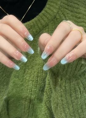 手工美甲穿戴甲假指甲夏日海蓝色冰透猫眼温柔气质少女风简约贴片