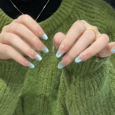 手工美甲穿戴甲假指甲夏日海蓝色冰透猫眼温柔气质少女风简约贴片