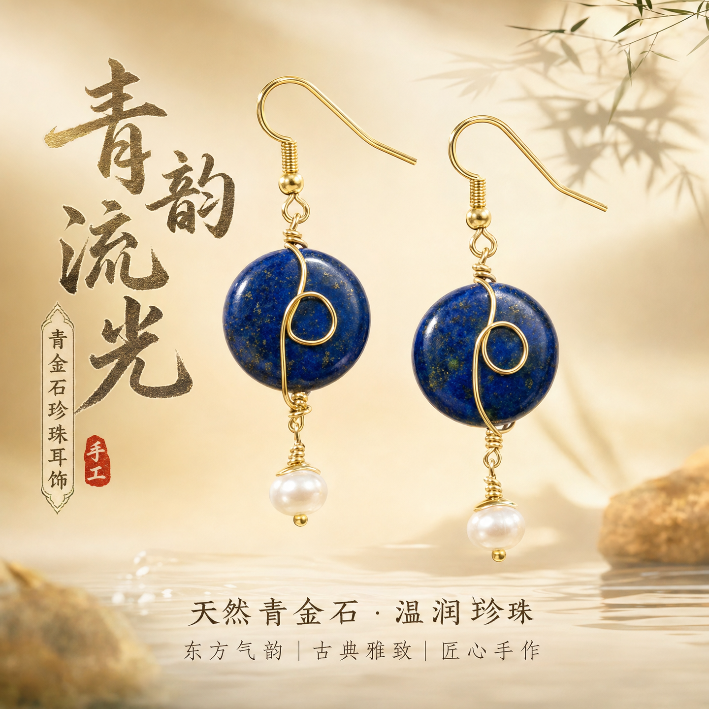 清韵流光手工青金石耳环女蓝色圆片珍珠吊坠复古天然石耳饰