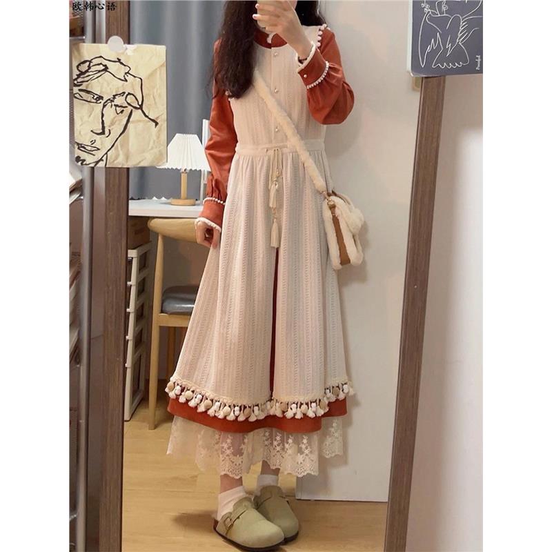森女甜美部落秋冬新中式国风复古长袖连衣裙背心裙两件套学生少女