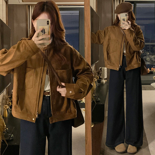 美拉德外套女春秋2025新款韩版休闲设计感炸街短款鹿皮绒工装夹克