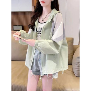 冰丝连帽防晒衣女款夏2025新款学生防紫外线户外薄款透气拼色外套