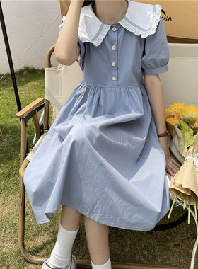 少女A字裙纯色娃娃领连衣裙少女