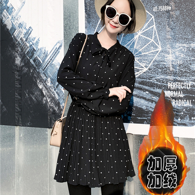 加绒黑色波点雪纺长袖内搭连衣裙