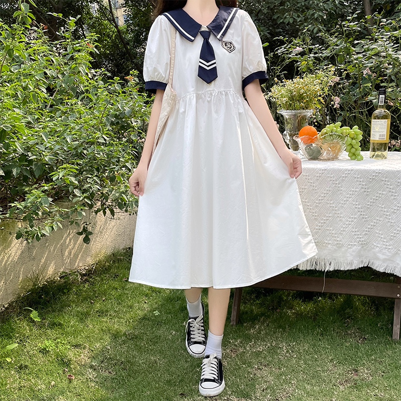 初中高中学生少女jk连衣裙夏学院风日系海军风宽松显瘦a字长裙子