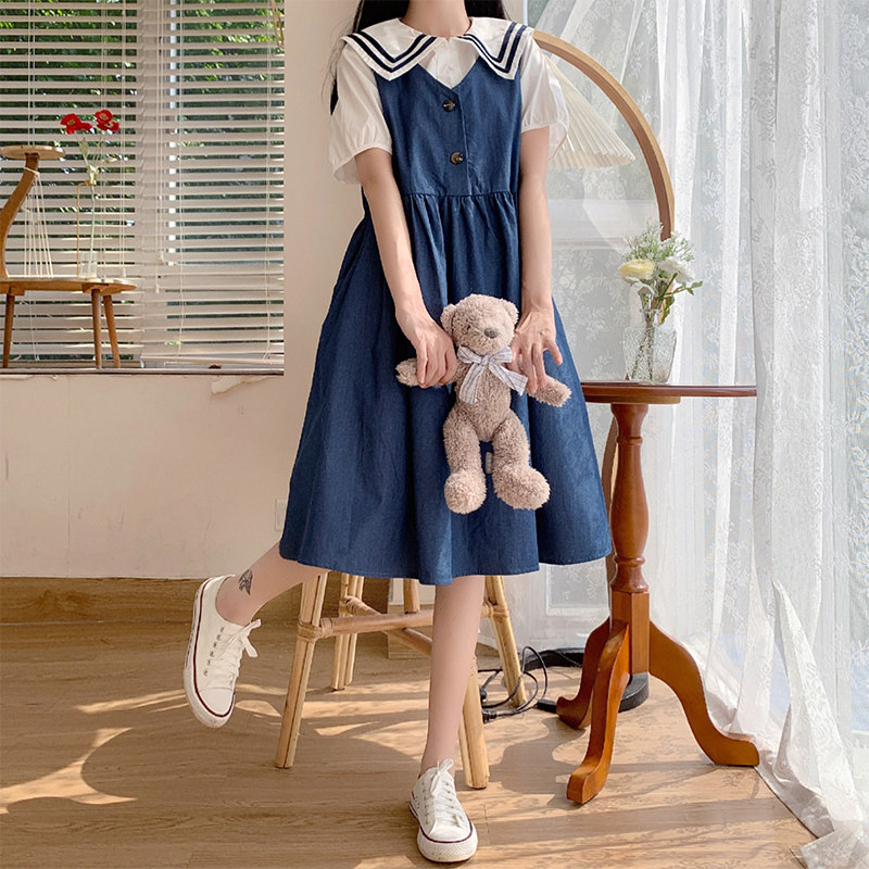 初中高中学生连衣裙女夏季风两件套裙子2025新款中长款牛仔裙