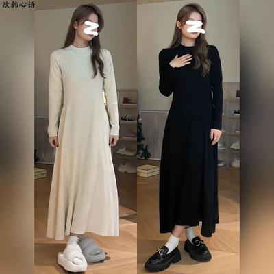 掐腰白色针织打底连衣裙子