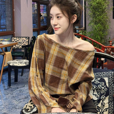 多巴胺夏日绝美小上衣夏季薄款一字肩宽松显白棉麻格子长袖T恤女