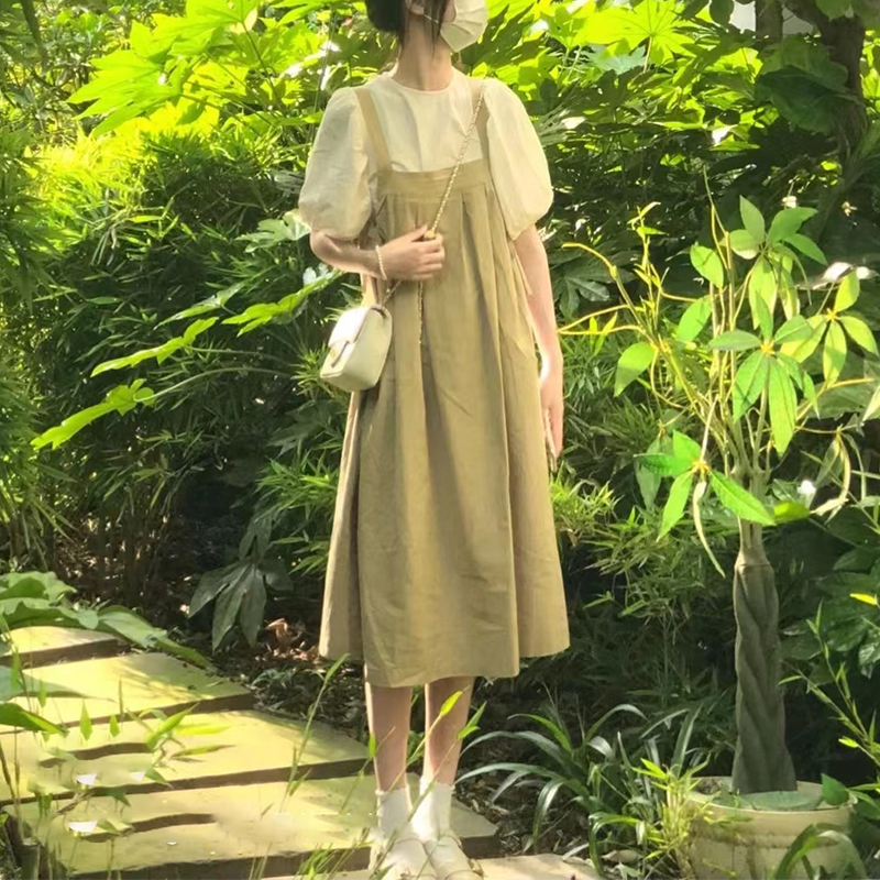 少女学院风森系连衣裙2025夏装新款初中高中学生泡泡袖洋气背带裙