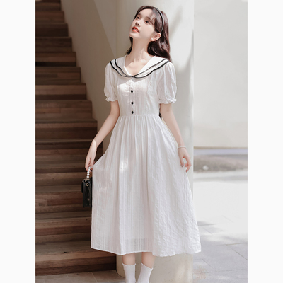 少女学院风海军领连衣裙2025夏装新款初高中学生甜美气质显瘦白裙