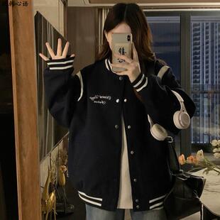 美式毛呢刺绣棒球服外套女春秋2025新款加厚宽松百搭学生夹克上衣