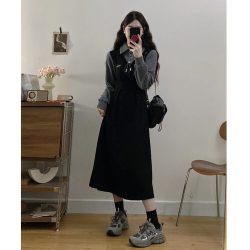 学院风polo领正肩黑色连衣裙女2025秋季大码胖mm假两件灯芯绒长裙