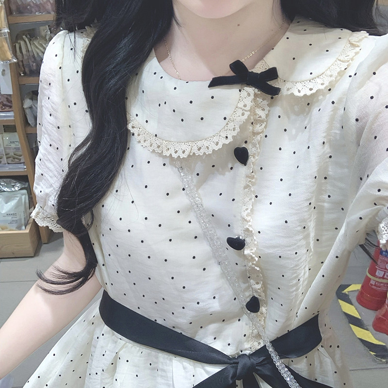 法式复古波点连衣裙女夏娃娃领小个子气质甜美仙女温柔风初恋长裙