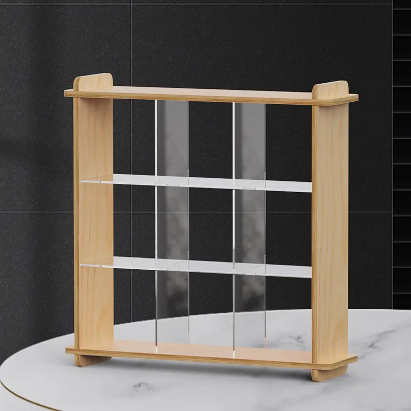 桌面桦木九宫格收纳茶具水杯置物架桌面摆件盲盒亚克力收纳架子