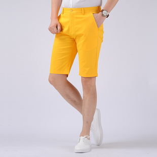 五分裤 潮牌韩版 时尚 男士 百搭 黄色弹力棉短裤 夏季 中裤 短裤 休闲修身