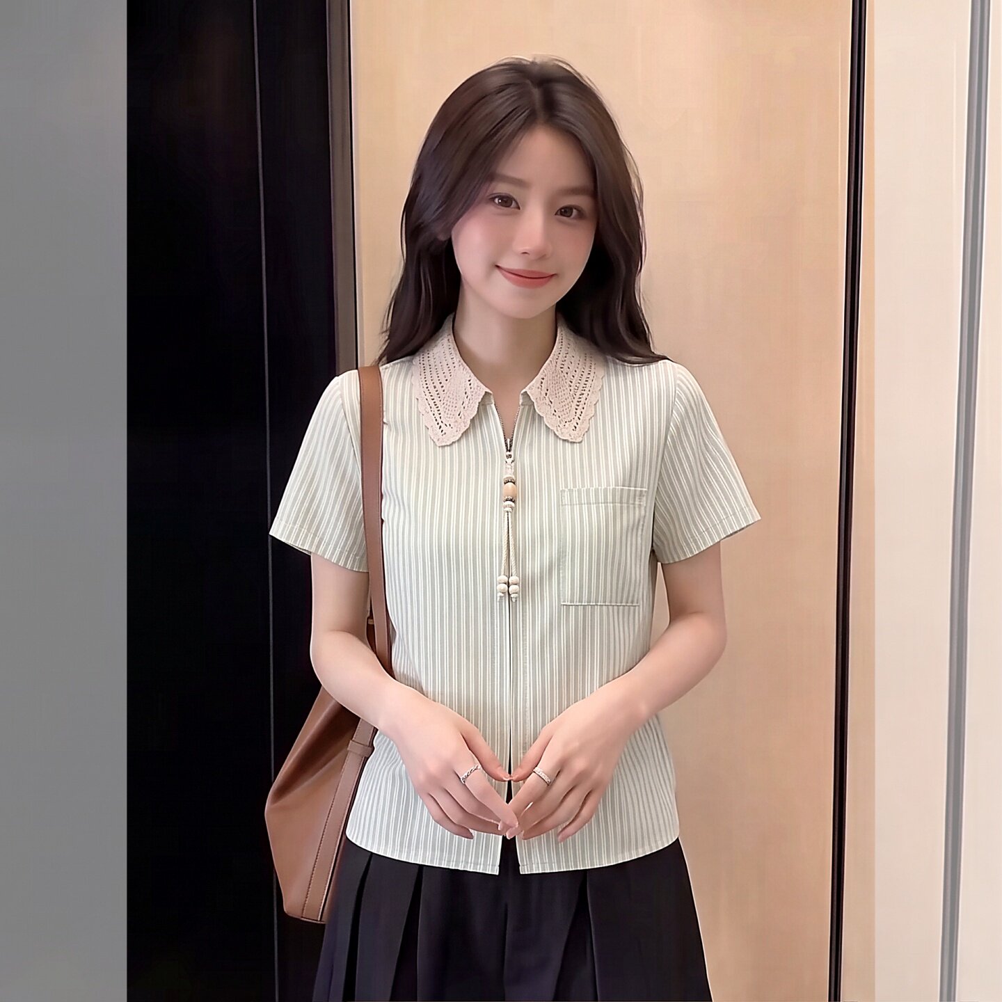 条纹短袖衬衫女蕾丝拼接个性独特