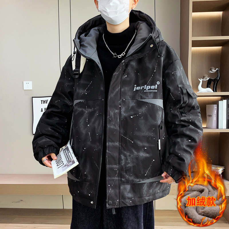 加绒加厚外套男士冬季休闲宽松连帽棉服夹克青少年学生保暖棉衣男