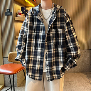 青少年学生时尚连帽格子衬衫外套男春夏新款潮流薄款连帽夹克衬衣