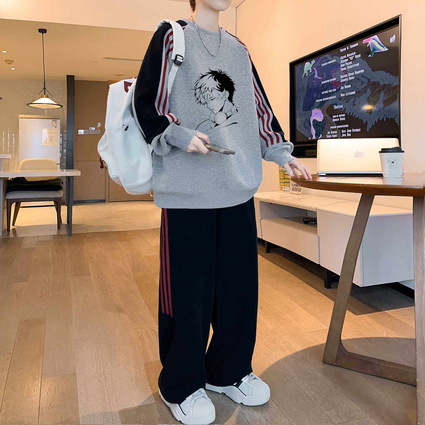 条纹圆领卫衣套装男春秋季潮牌印花宽松上衣青少年休闲运动两件套