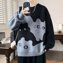 毛衣男秋冬季撞色针织衫男宽松慵懒风帅气青少年学生保暖上衣服