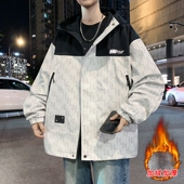 秋冬新款 连帽加绒加厚外套男青少年学生潮流休闲夹克宽松冲锋衣男