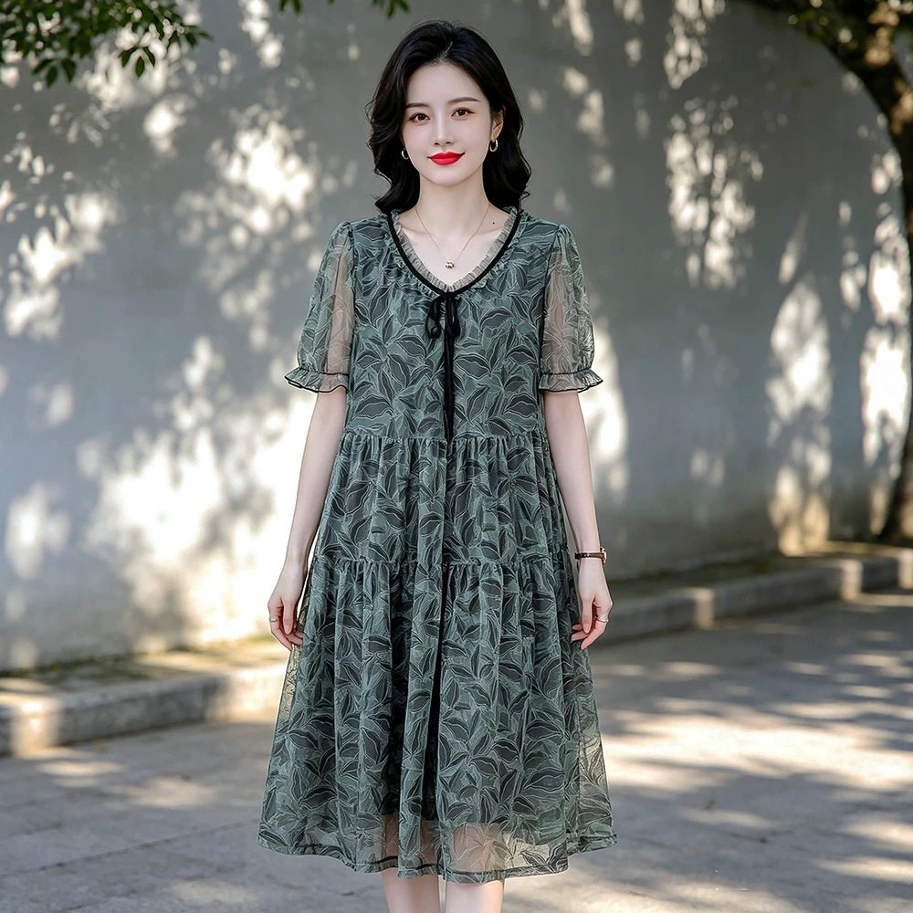 中年妇女夏雪纺连衣裙宽松200斤