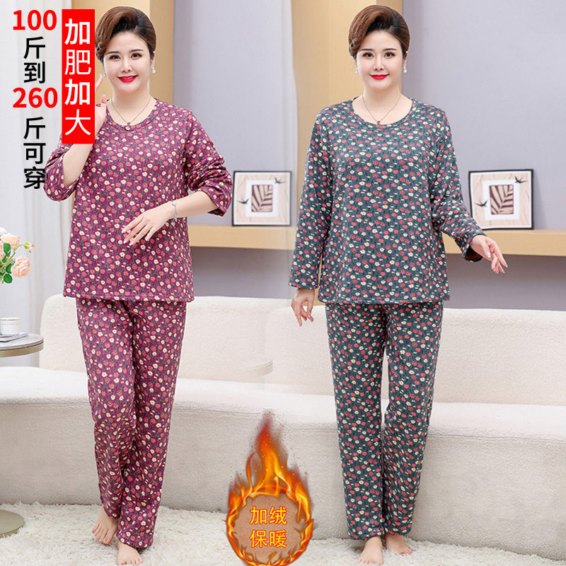 中老年女装加绒保暖套装胖妈妈加肥加大码居家服两件套冬装200斤