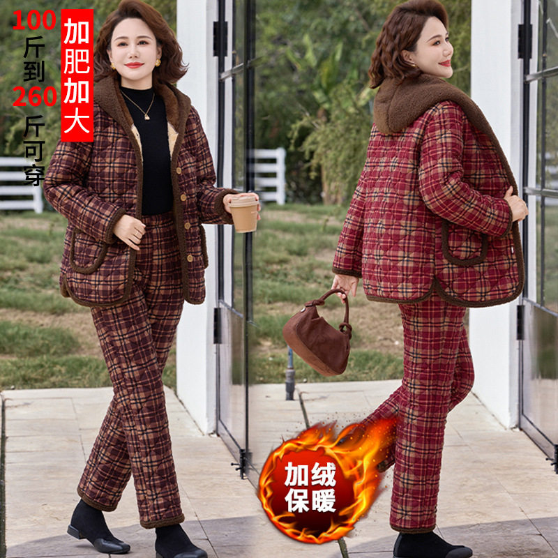 妈妈装加绒保暖居家服两件套加肥