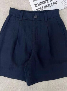 CHAO级推荐！深蓝色亚麻阔腿短裤女夏季新款随性穿搭宽松休闲裤子