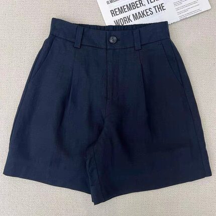 CHAO级推荐！深蓝色亚麻阔腿短裤女夏季新款随性穿搭宽松休闲裤子