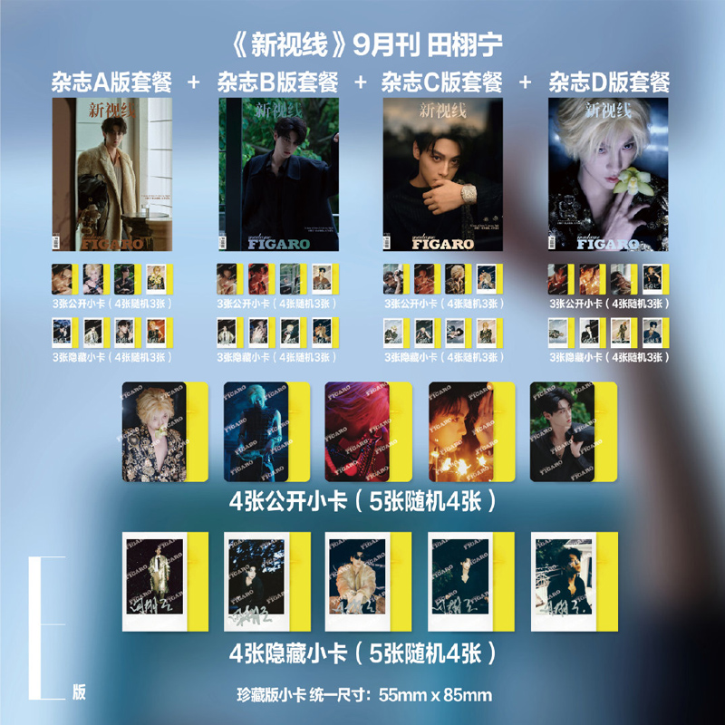 计入销量 费加罗 田栩宁E版：ABCD套装+随机4张公开小卡+随机4张隐藏小卡 Madame Figaro新视线费加罗杂志2025年9月田栩宁封面