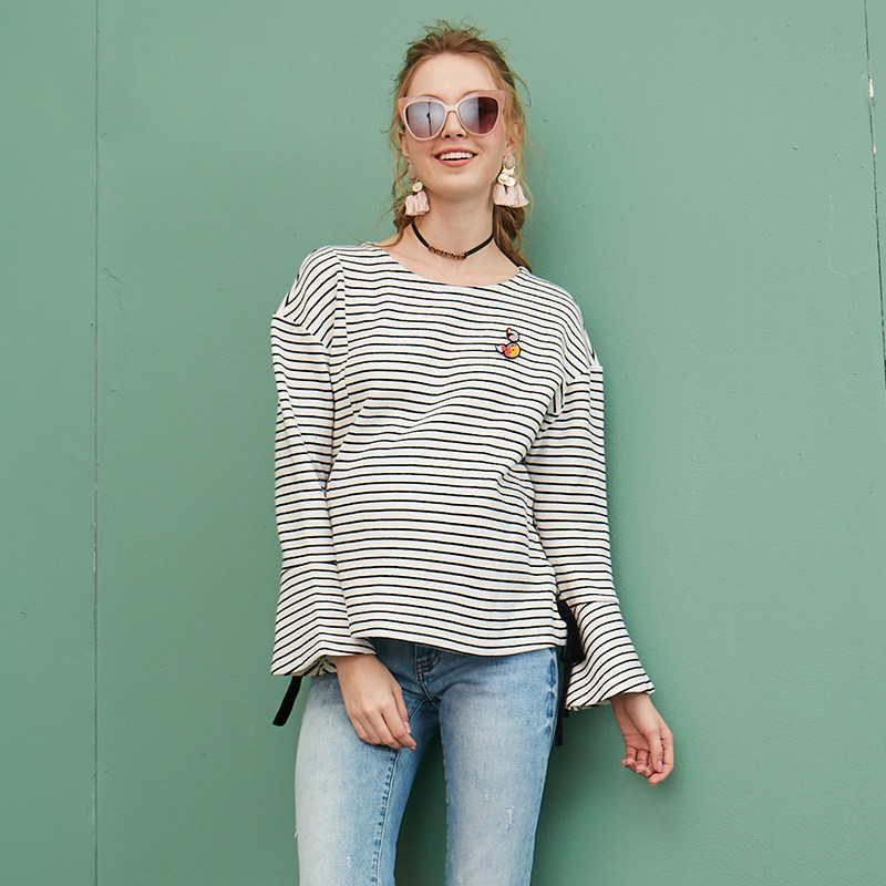 十月妈咪 孕妇薄款针织条纹哺乳T恤孕妇可哺乳月子服长袖上衣