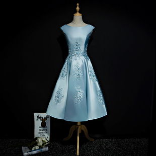 蓝色晚礼服裙2020新款高贵气质生日宴会学生小个子连衣裙女中长款