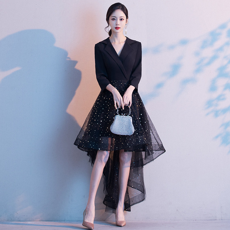 黑色小晚礼服女2021新款宴会气质名媛显瘦前短后长生日聚会礼服裙