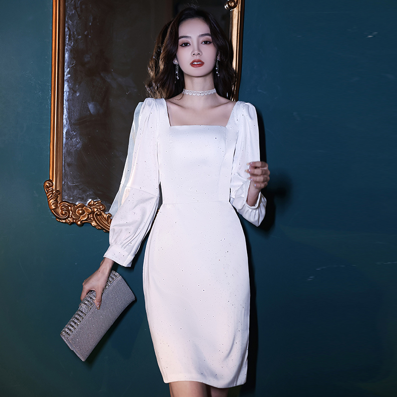 白色新款法式高端性感小晚礼服