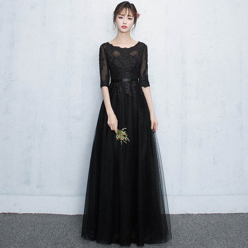 宴会晚礼服2018新款时尚高贵优雅气质名媛长款中袖黑色礼服裙女夏