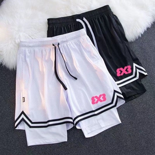 美式篮球运动短裤假两件双层训练裤青少年儿童宽松速干球裤防走光