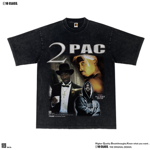 2pac美式Hip hop嘻哈vintage复古印花街头重磅水洗休闲长短袖T恤