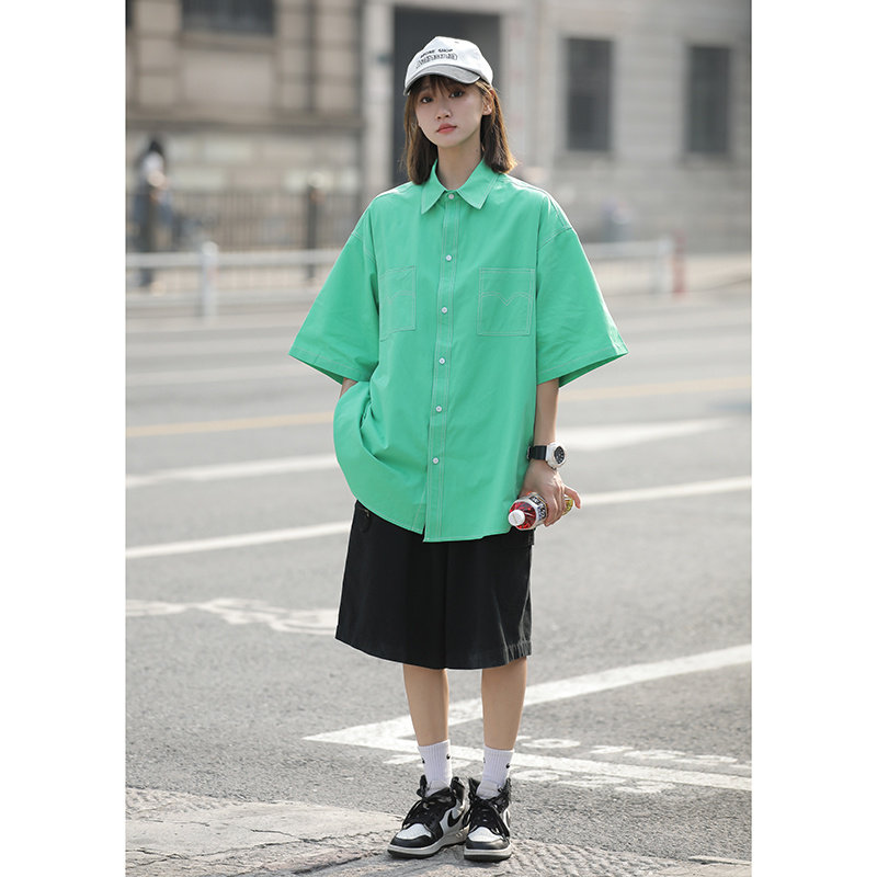日系纯棉短袖衬衫女设计感小众大码休闲外套夏季新款上衣7003-P45,男装T恤,星座710