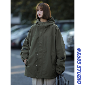 连帽冲锋衣男女秋季加厚潮牌冬季棉服工装夹克cfy01 P128加棉P138图片