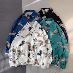 潮流休閒寬鬆帥氣薄款印花痞帥襯衣長袖襯衫男韓版