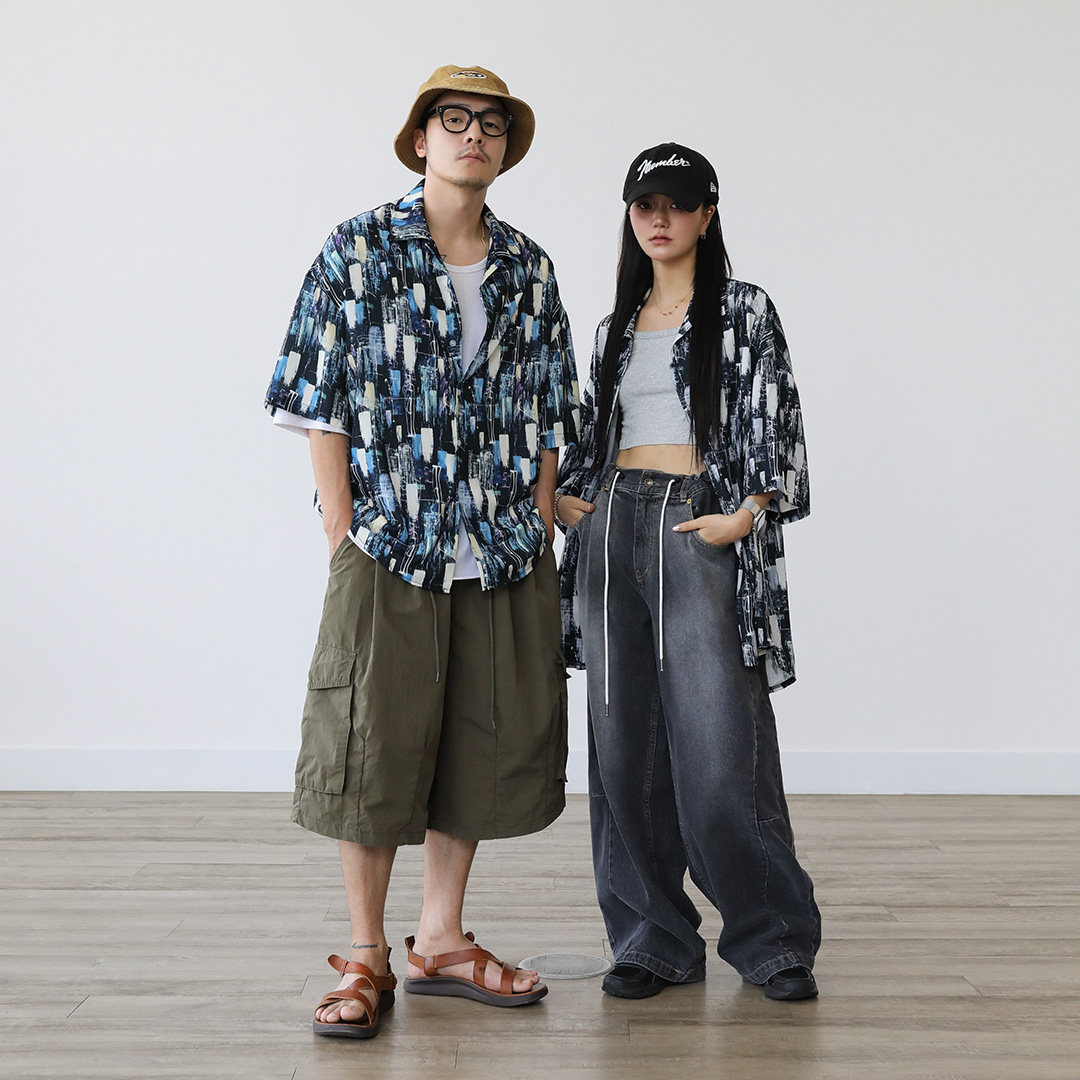 短袖衬衫男宽松慵懒风设计感小众夏季七分半袖衬衣3412P45特价，男装T恤，星座710