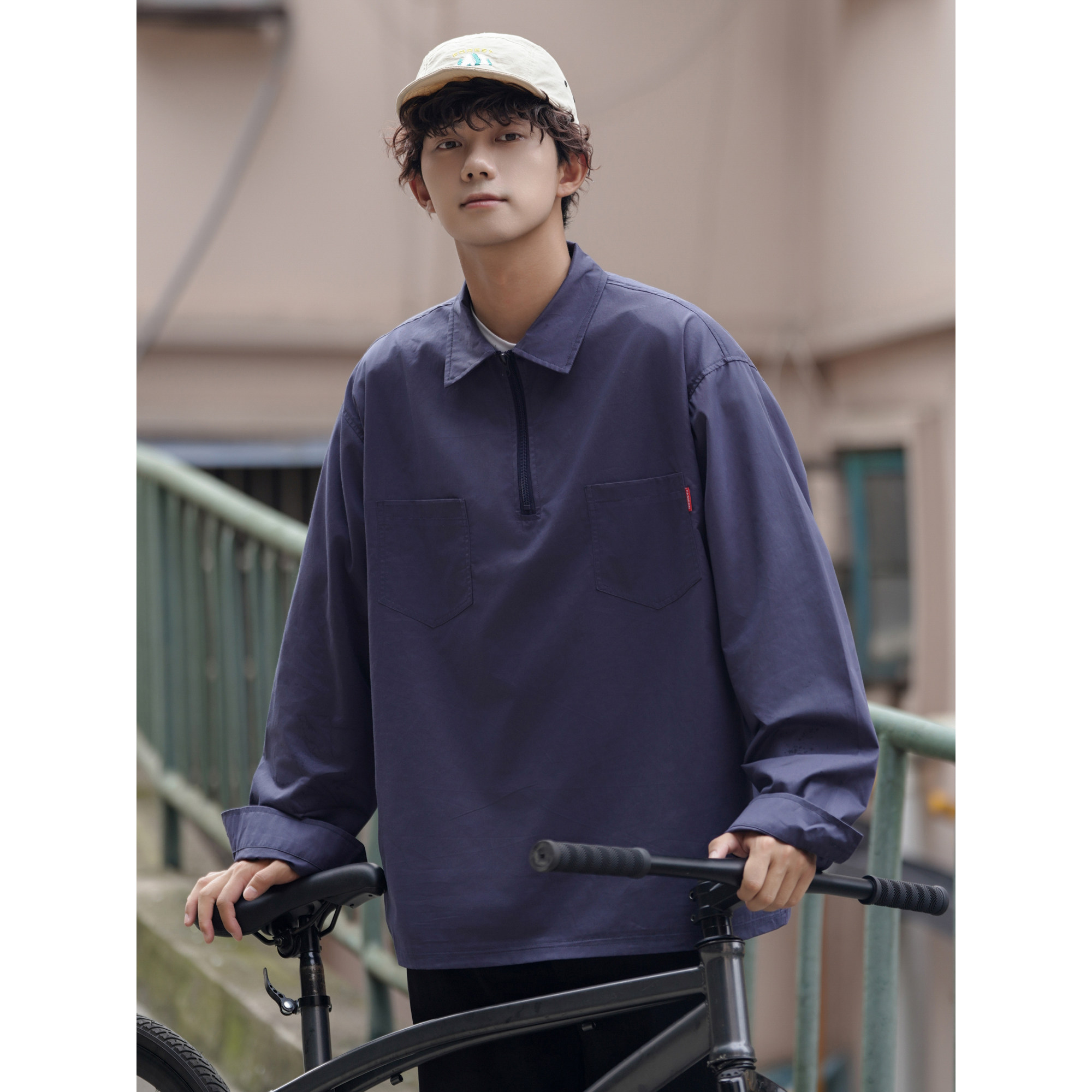 西海岸拉链设计衬衫长袖男复古日系cityboy衬衣藏纯色外套7009p45,男装衬衫,星座710