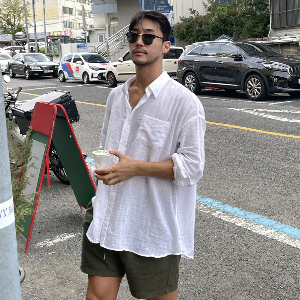 夏季新款韩版透气衬衫休闲宽松棉麻料男士衬衣薄款外套3407P45特图片