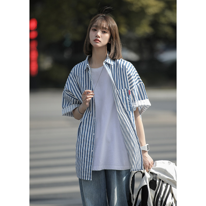 夏季新款条纹短袖衬衫女宽松设计感chic上衣洋气衬衣外套CS07-p45,男装T恤,星座710