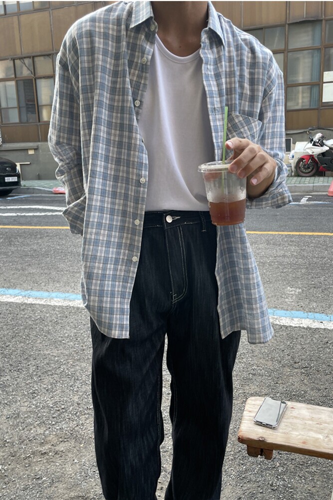 韩版宽松长袖衬衫男士薄外套春装INS风格子衬衣3409P45特价,男装衬衫,星座710