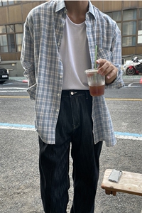 韩版宽松长袖衬衫男士薄外套 春装INS风格子衬衣3409P45特价图片