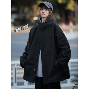 日系连帽冲锋衣男女秋季加厚冬季棉服工装夹克cfy01P128加棉P138